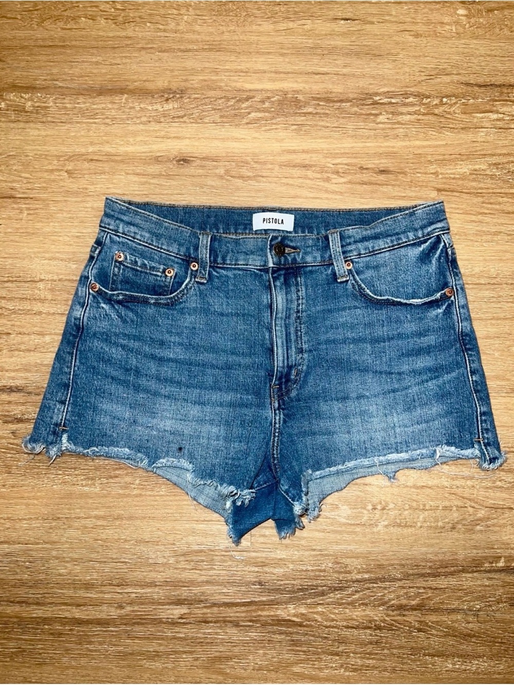 pistola | pistola medium blue distressed denim cutoff shorts